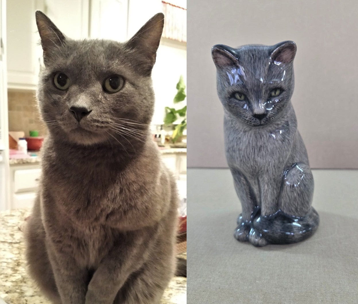 Comparison of a real cat and its ceramic urn replica by Pulvis Art Urns . Custom Decorated pet Urns