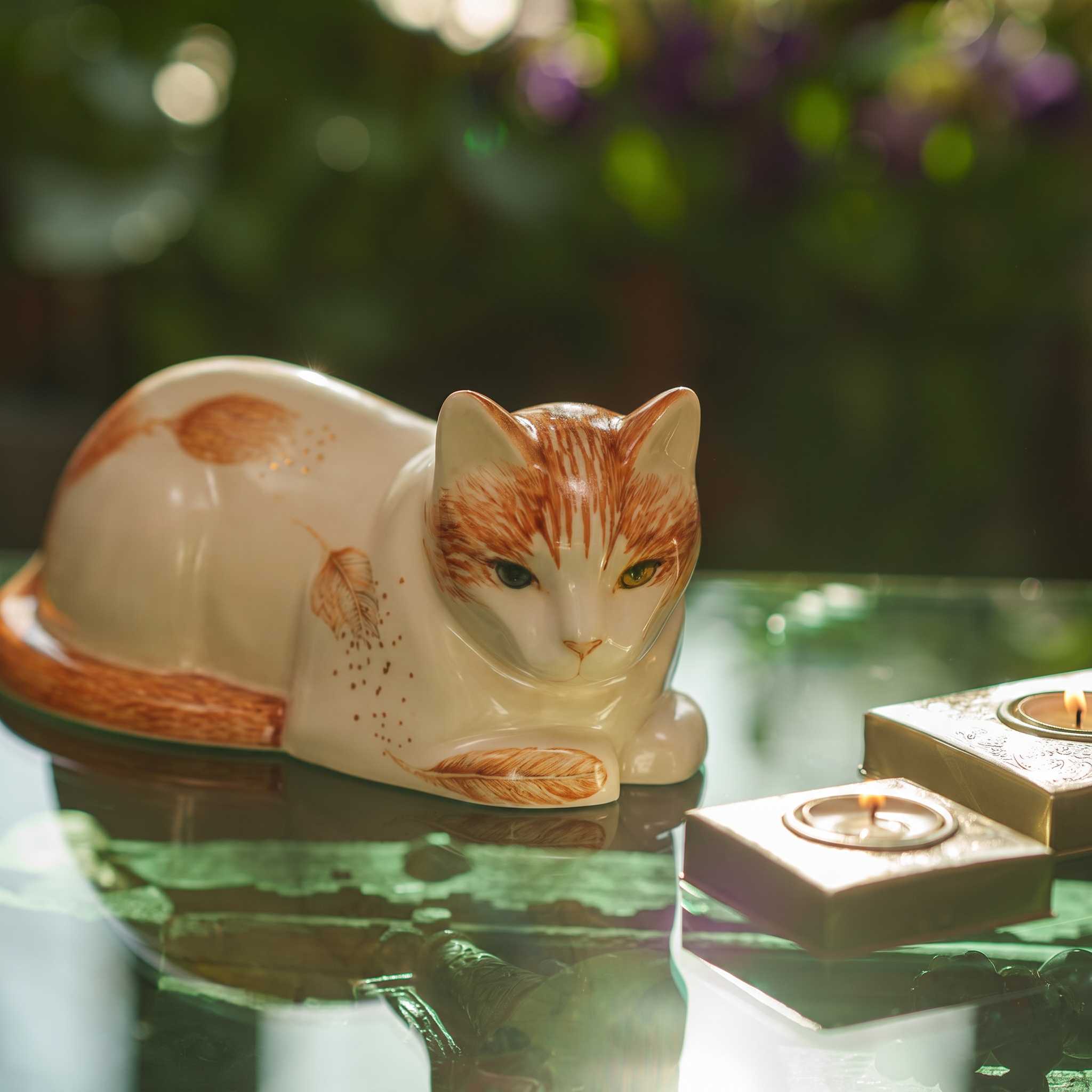 Hand Decorated Cat Urn for Ashes "Feathers" - Ceramic | Handmade Pet Urn - Pulvis Art Urns