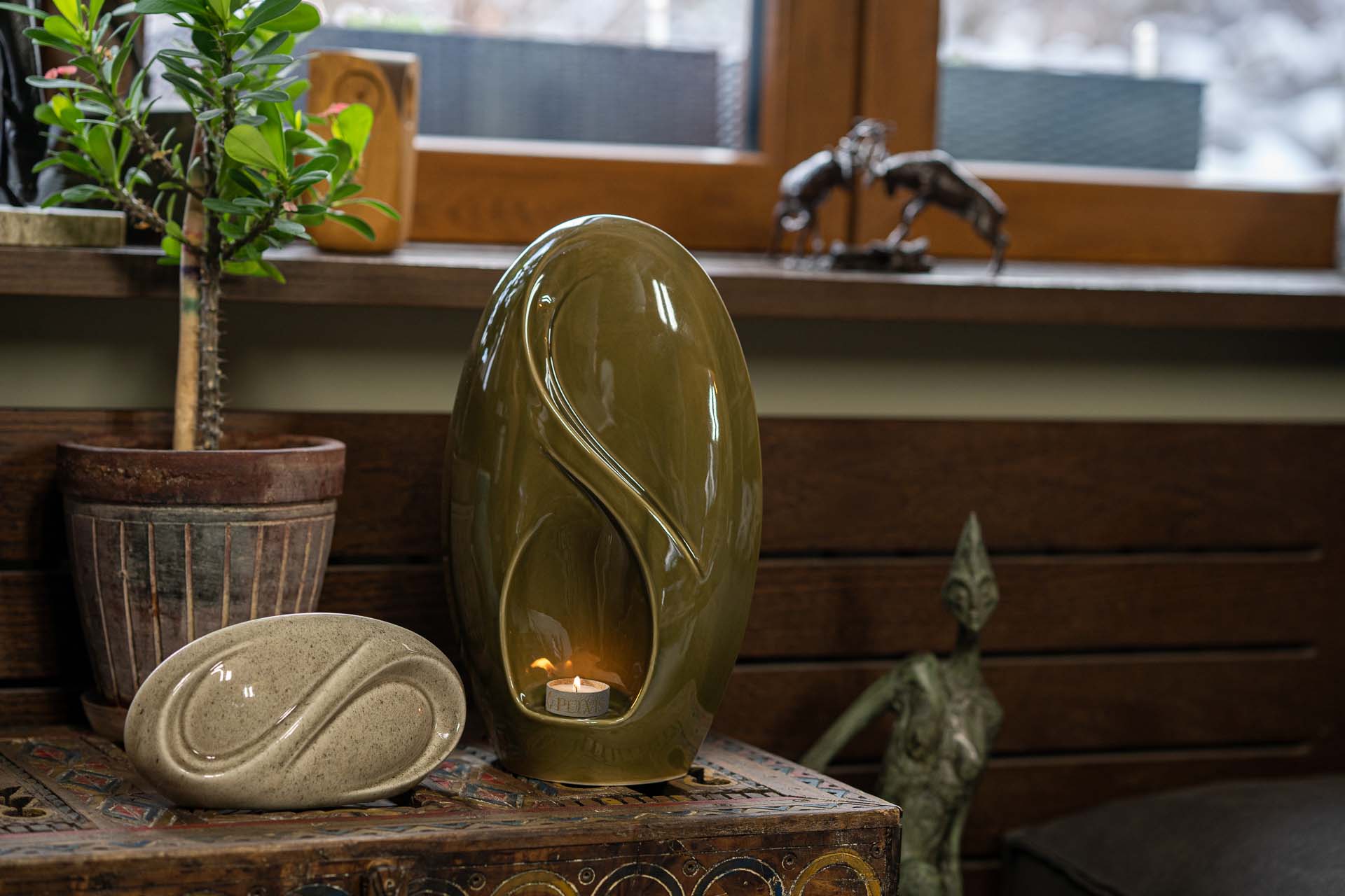 Eternity Handmade Cremation Urn for Ashes - Large | Oily Green | Ceramic Urn - Pulvis Art Urns