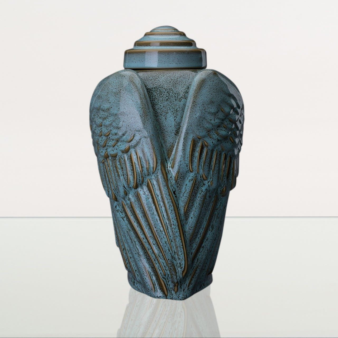 Handmade Cremation Urn for Ashes "Wings" - Large | Oily Green Melange | Ceramic Urn - Pulvis Art Urns