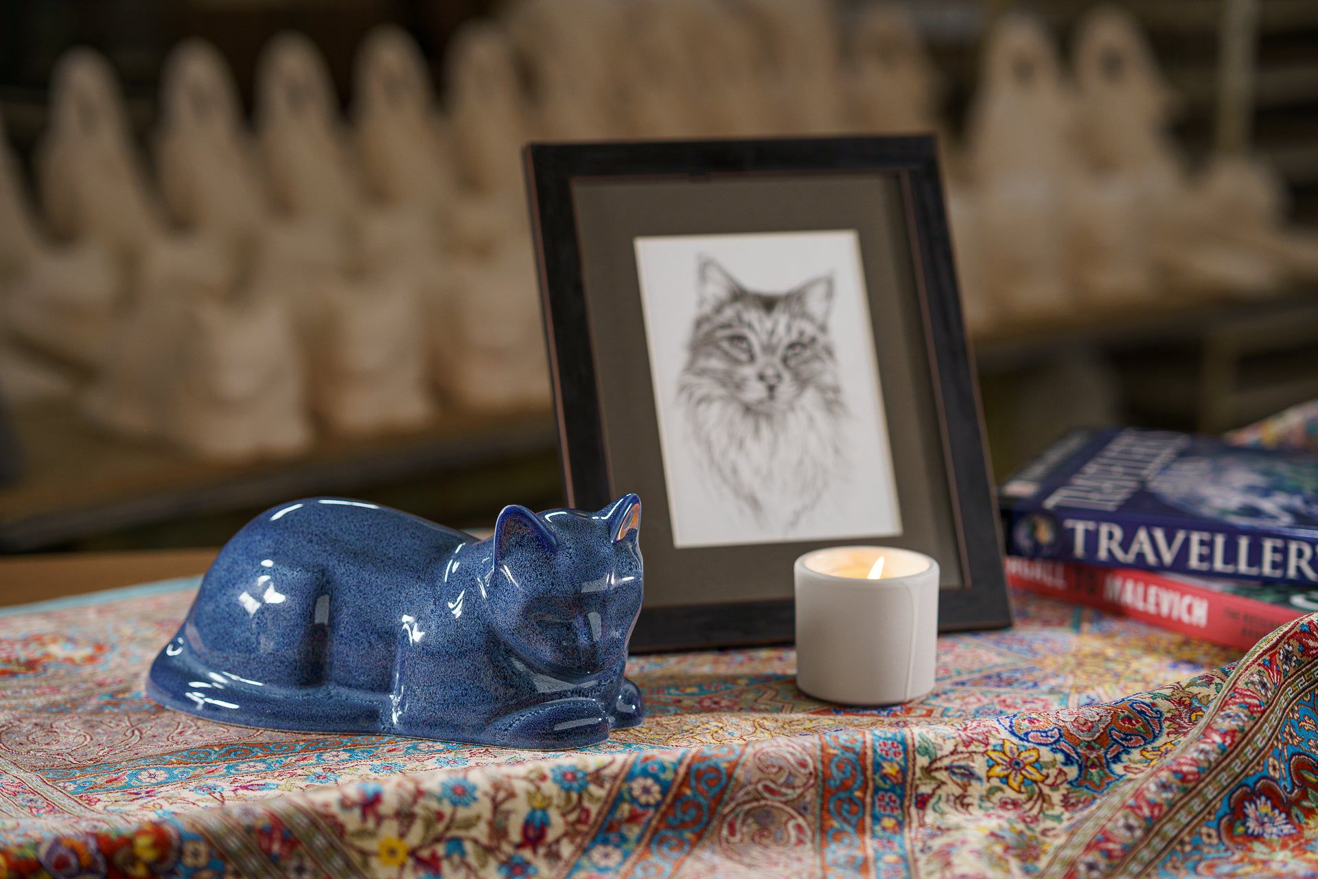 Cat Memorial Bundle - 4 Pieces - Portrait | Urn | Nameplate Holder | Scented Candle - Pulvis Art Urns