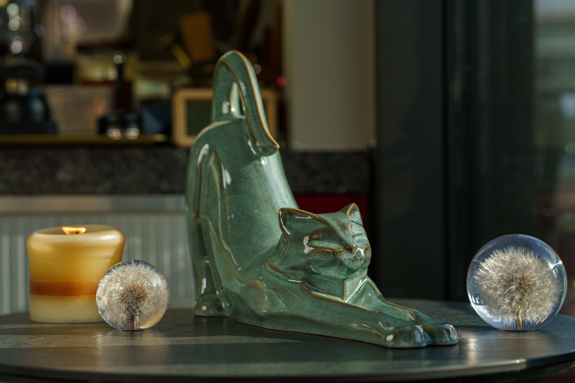 Cat Cremation Urn For Ashes "Grace" - Oily Green Melange | Ceramic Pet Urn - Pulvis Art Urns