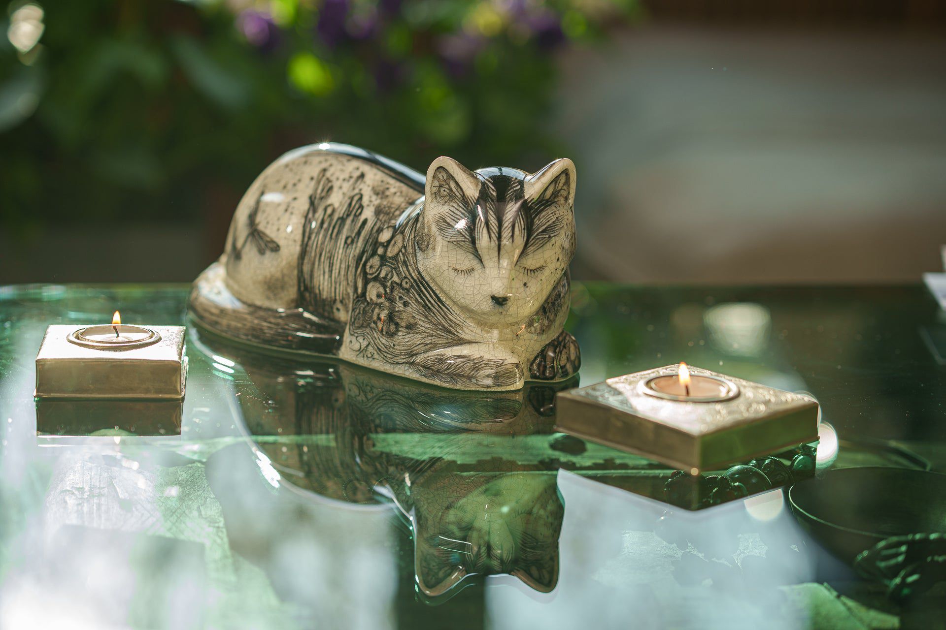 Hand Decorated Cat Urn for Ashes "Mystic" - Ceramic | Handmade Pet Urn - Pulvis Art Urns
