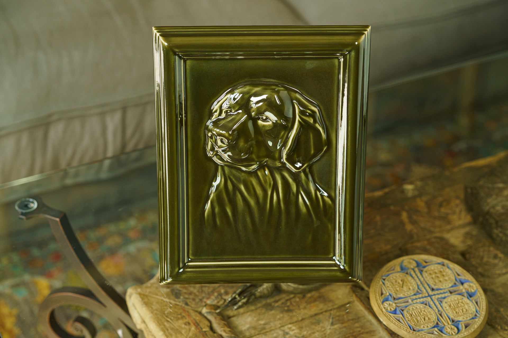 Labrador Pet Urn for Ashes - Oily Green | Ceramic | Handmade Pet Urn - Pulvis Art Urns