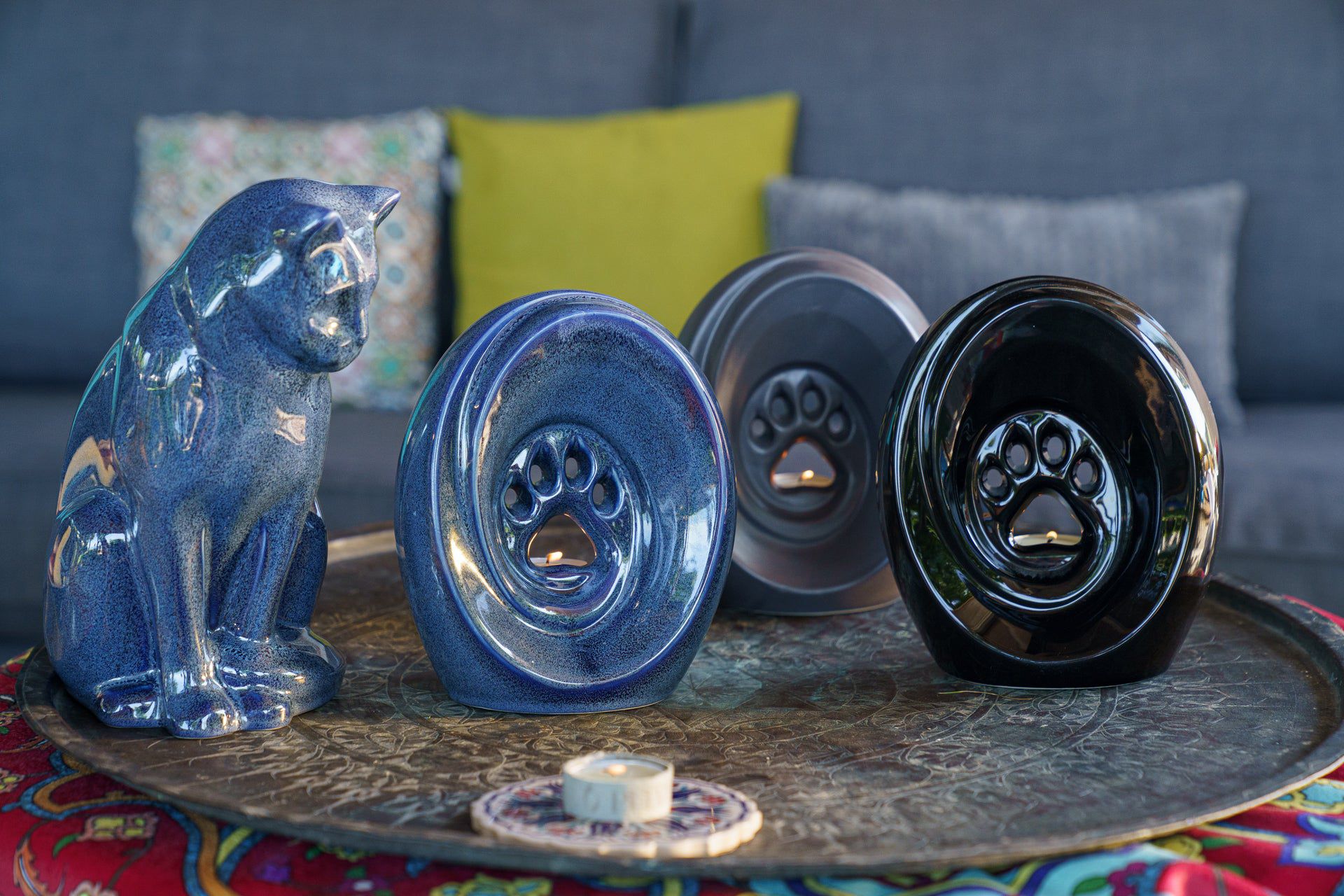 Neko Pet Urn for Ashes - Blue Melange | Ceramic | Handmade Cat Urn - Pulvis Art Urns