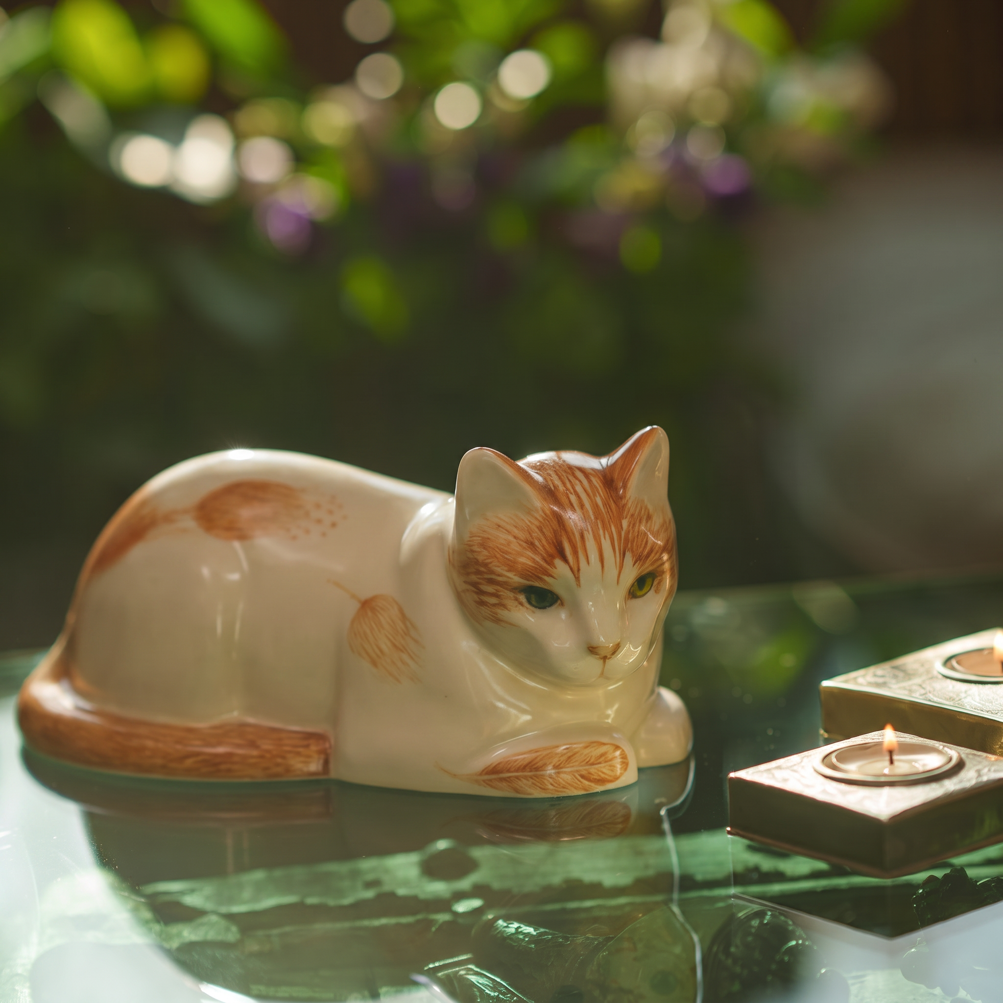 Hand Decorated Cat Urn for Ashes "Feathers" - Ceramic | Handmade Pet Urn - Pulvis Art Urns
