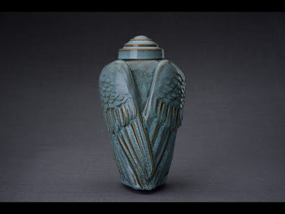 Handmade Cremation Urn for Ashes "Wings" - Large | Oily Green Melange | Ceramic