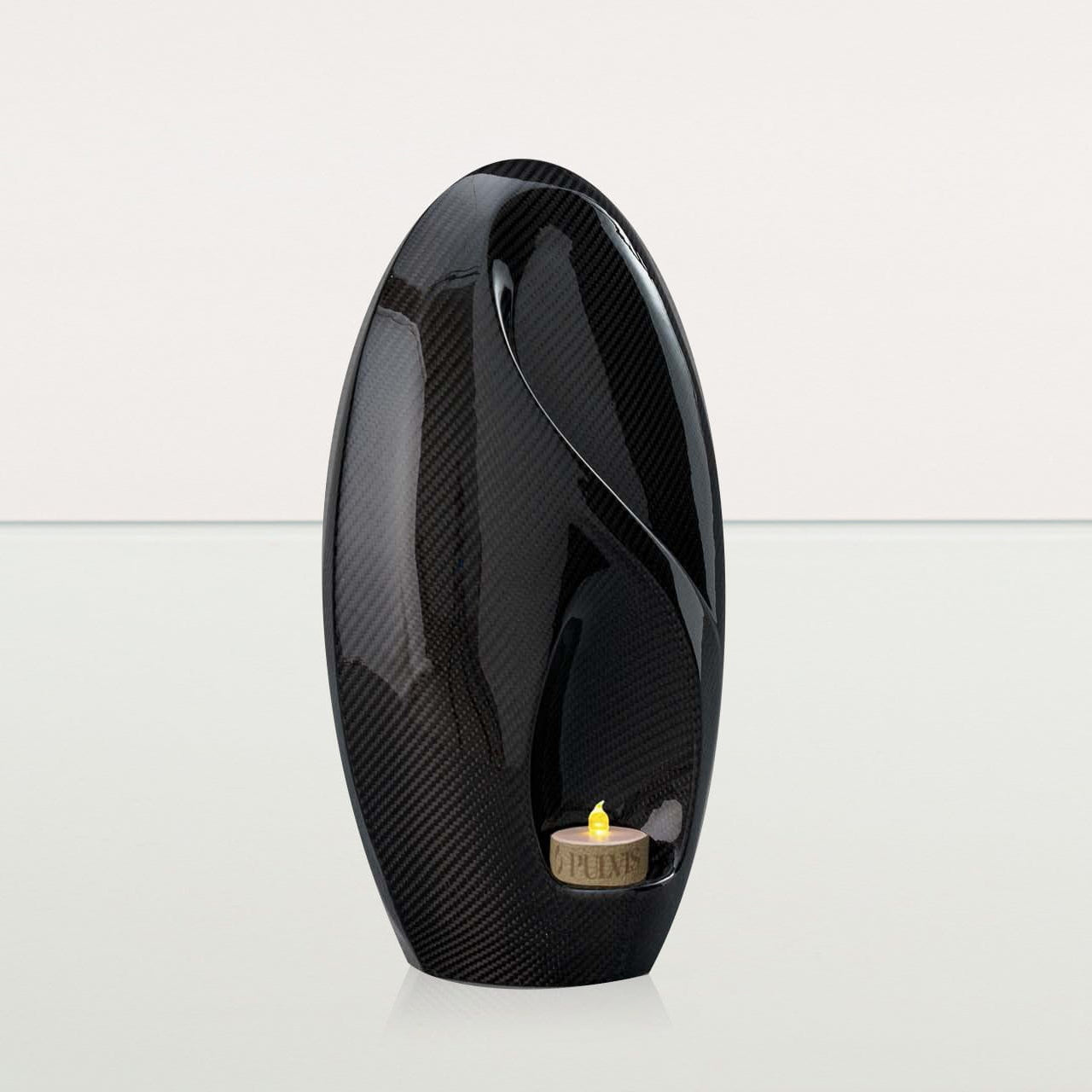 Carbon Fiber Cremation Urn "Eternity" - Twill Weave Carbon | Black | LED Candle - Pulvis Art Urns