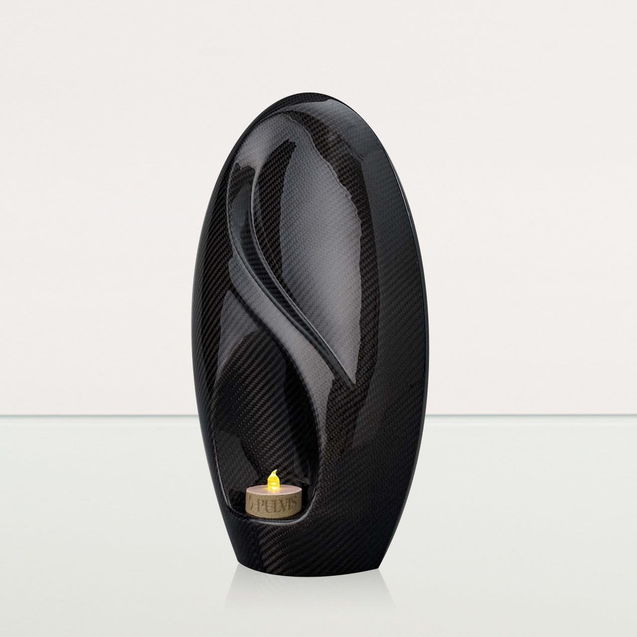 Carbon Fiber Cremation Urn "Eternity" - Twill Weave Carbon | Black | LED Candle - Pulvis Art Urns