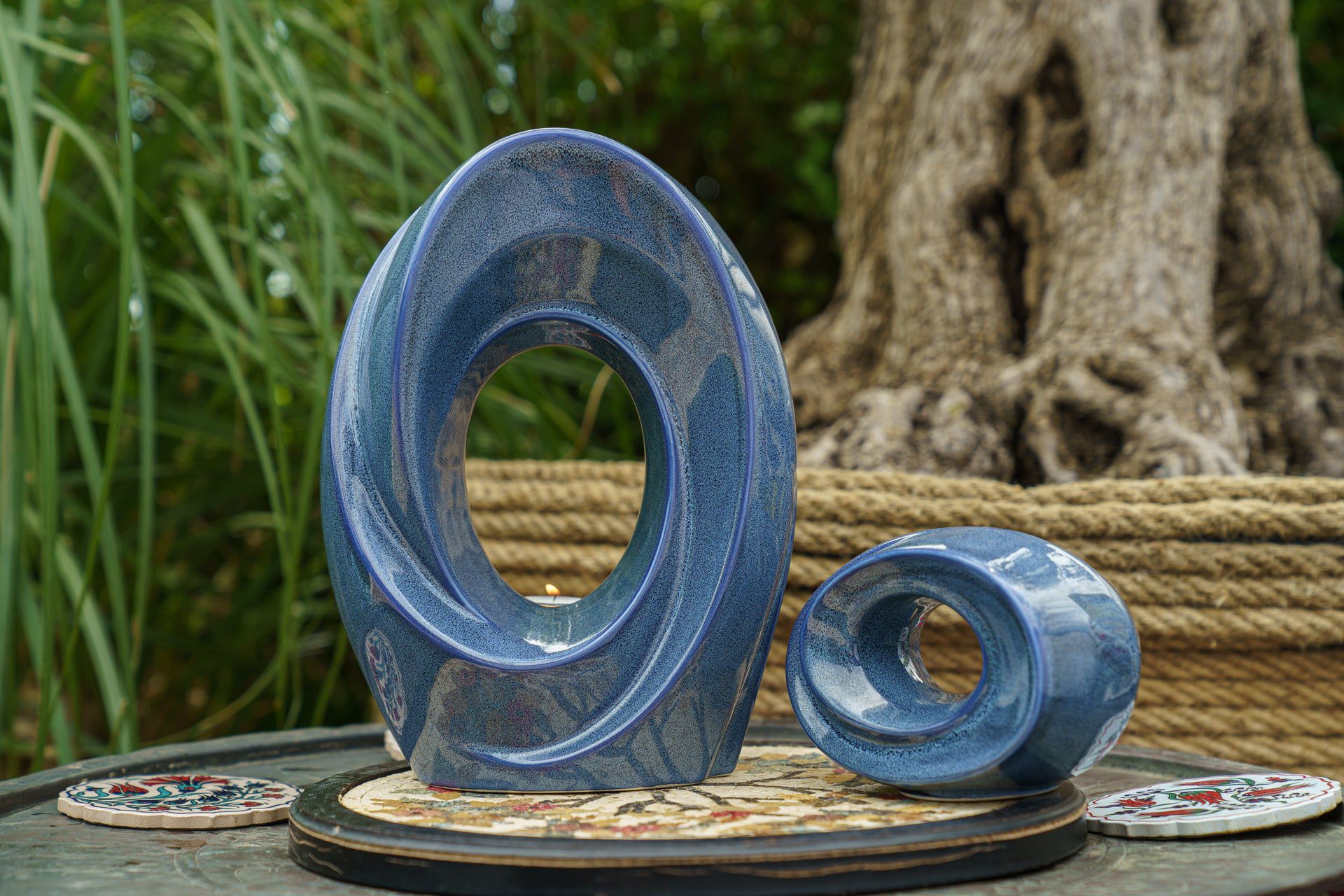 Handmade Cremation Urn for Ashes "The Passage" - Large Ceramic Urn | Blue Melange - Pulvis Art Urns