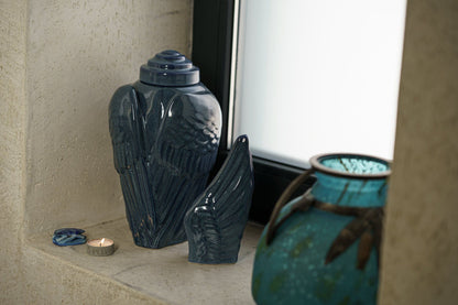 Handmade Cremation Urn for Ashes "Wings" - Large | Blue Melange | Ceramic Urn - Pulvis Art Urns