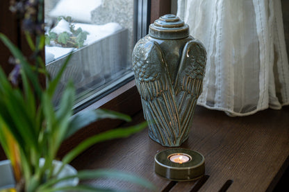 Handmade Cremation Urn for Ashes "Wings" - Large | Oily Green Melange | Ceramic Urn - Pulvis Art Urns