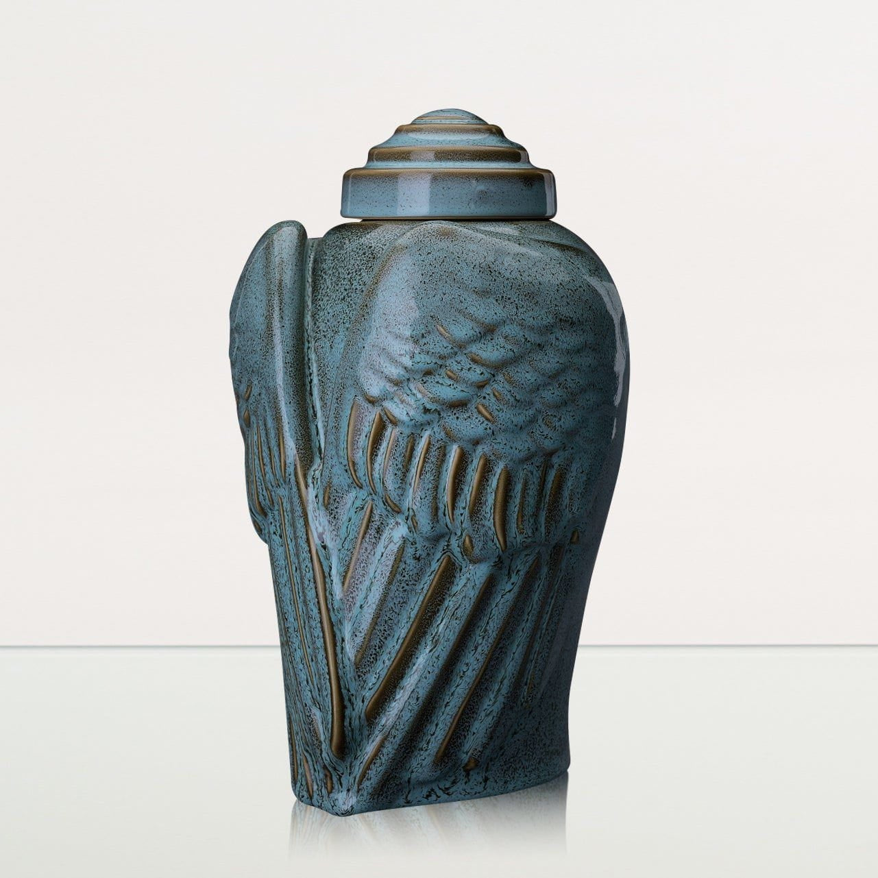 Handmade Cremation Urn for Ashes "Wings" - Large | Oily Green Melange | Ceramic Urn - Pulvis Art Urns