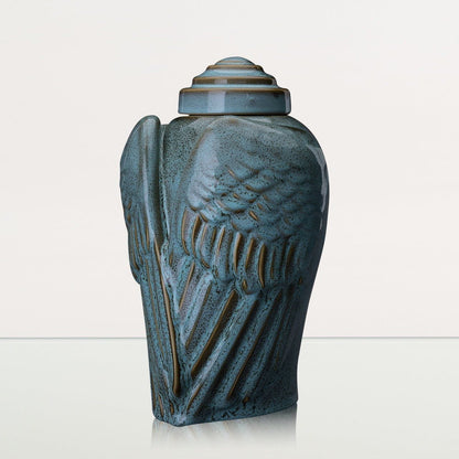 Handmade Cremation Urn for Ashes "Wings" - Large | Oily Green Melange | Ceramic Urn - Pulvis Art Urns