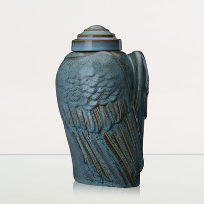 Handmade Cremation Urn for Ashes "Wings" - Large | Oily Green Melange | Ceramic Urn - Pulvis Art Urns