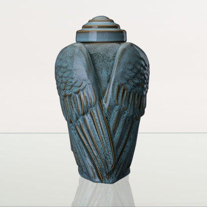 Handmade Cremation Urn for Ashes "Wings" - Large | Oily Green Melange | Ceramic Urn - Pulvis Art Urns