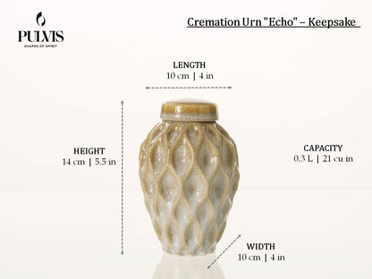 Pulvis Art Urns Keepsake Urn Cremation Urn "Echo" - 3D Printed Ceramic Urn | Oily Green Melange | Keepsake