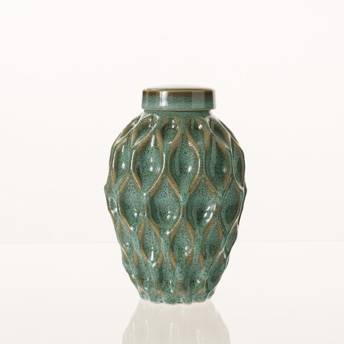 Cremation Urn "Echo" - 3D Printed Ceramic Urn | Oily Green Melange | Medium - Pulvis Art Urns