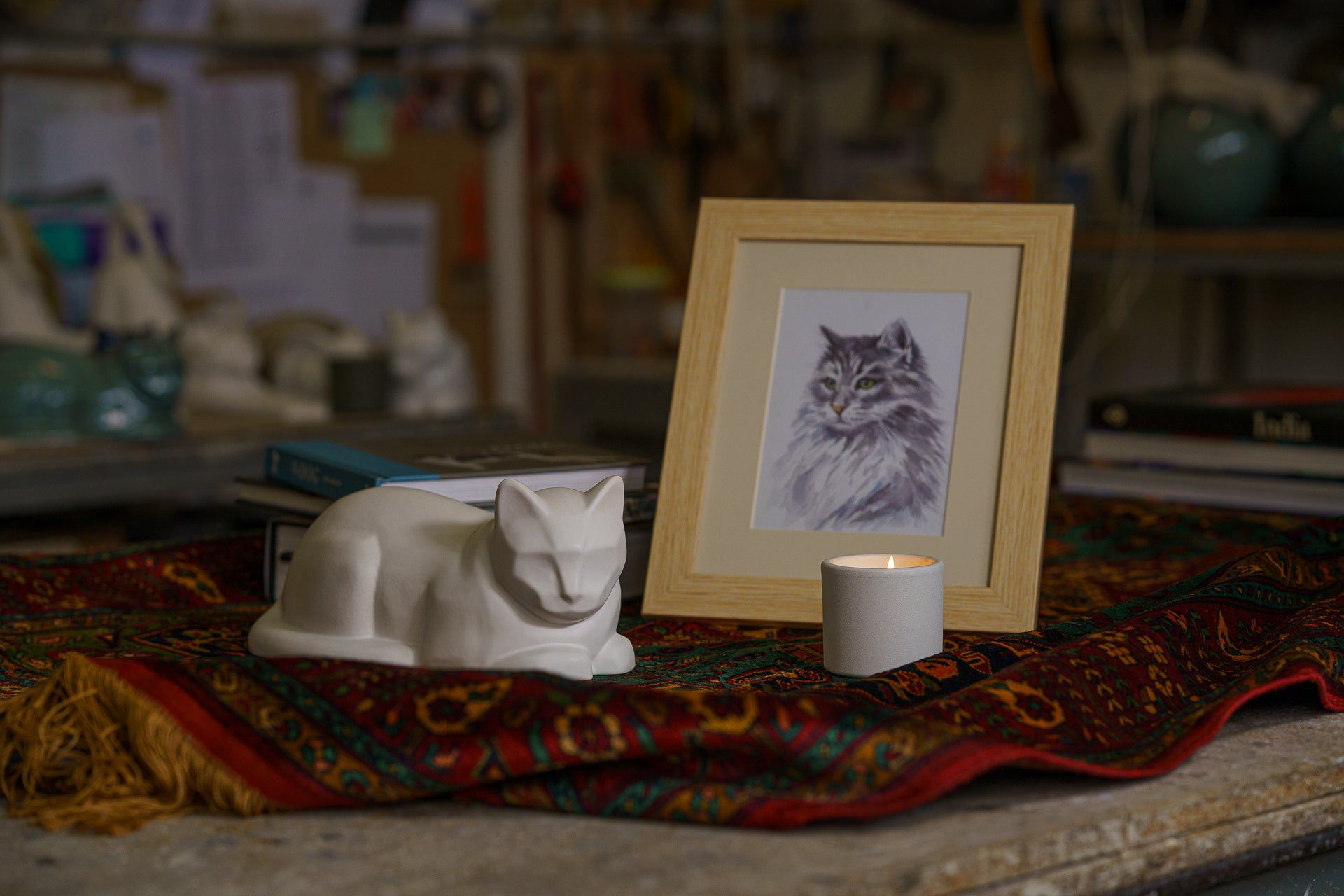 Mini Cat Memorial Bundle - 4 Pieces - Portrait | Urn | Nameplate Holder | Scented Candle - Pulvis Art Urns