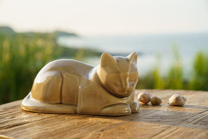 Cat Cremation Urn for Ashes - Beige Grey | Ceramic | Handmade Pet Urn - Pulvis Art Urns