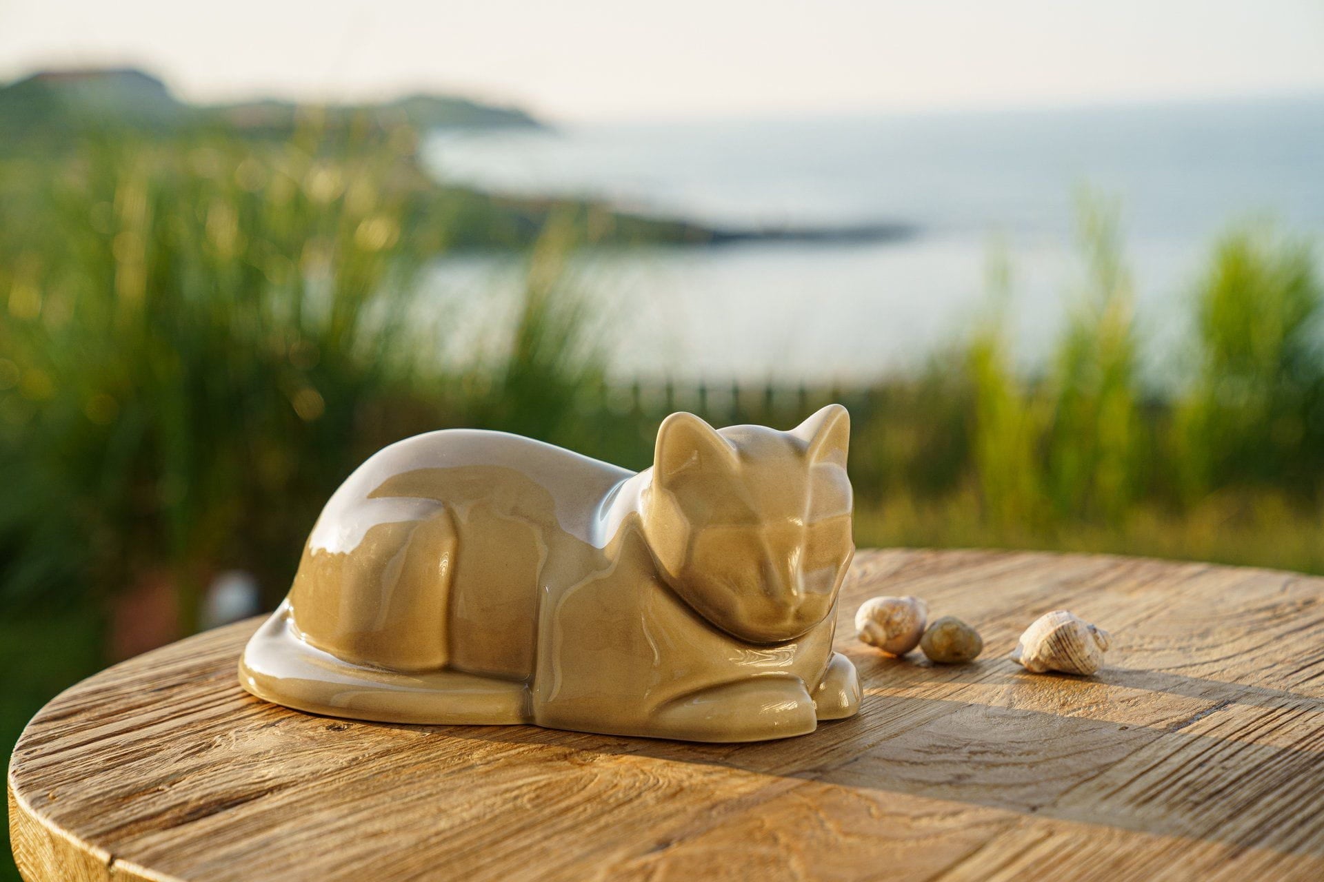 Cat Cremation Urn for Ashes - Beige Grey | Ceramic | Handmade Pet Urn - Pulvis Art Urns