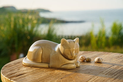 Cat Cremation Urn for Ashes - Beige Grey | Ceramic | Handmade Pet Urn - Pulvis Art Urns