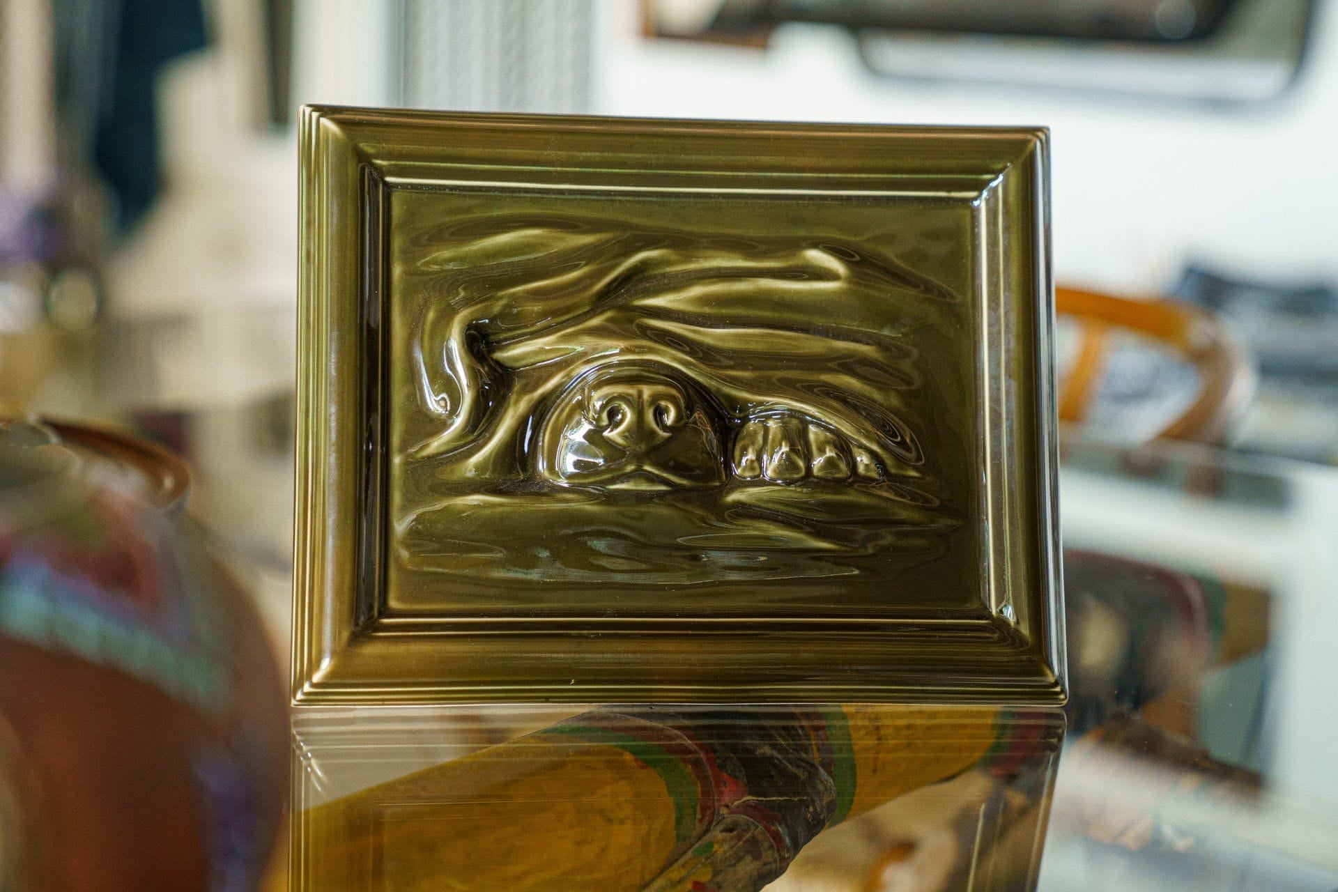 Dog Cremation Urn for Ashes - Oily Green | Ceramic | Handmade Pet Urn - Pulvis Art Urns