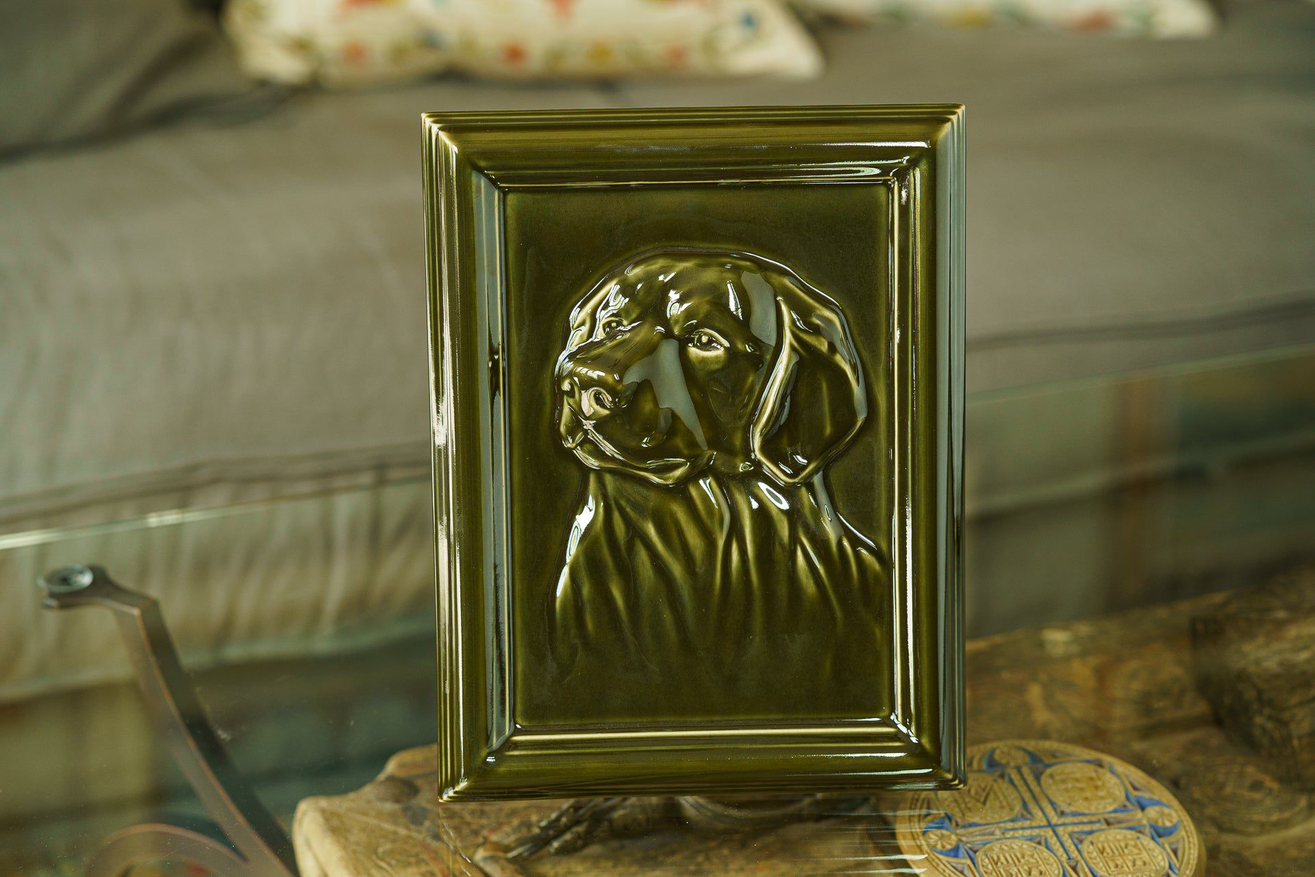 Labrador Pet Urn for Ashes - Oily Green | Ceramic | Handmade Pet Urn - Pulvis Art Urns