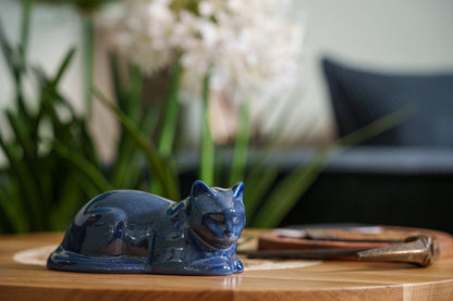 Mini Laying Cat Cremation Urn - Blue Melange | Ceramic Pet Urn - Pulvis Art Urns