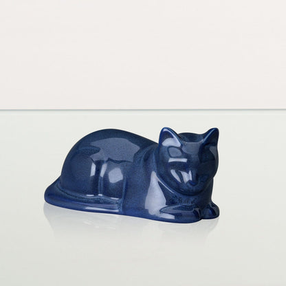 Mini Laying Cat Cremation Urn - Blue Melange | Ceramic Pet Urn - Pulvis Art Urns
