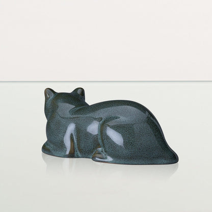 Mini Laying Cat Cremation Urn - Oily Green Melange | Ceramic Pet Urn - Pulvis Art Urns