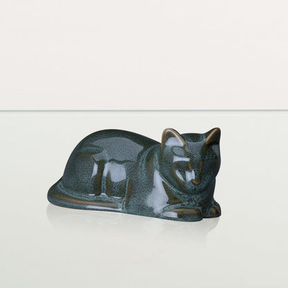 Mini Laying Cat Cremation Urn - Oily Green Melange | Ceramic Pet Urn - Pulvis Art Urns