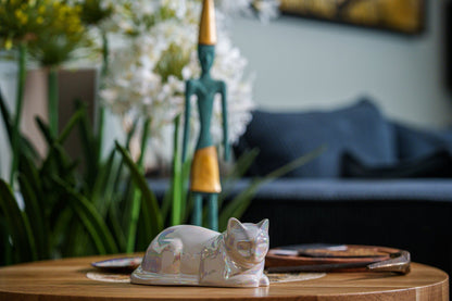 Mini Laying Cat Cremation Urn - Pearly White | Ceramic - Pulvis Art Urns