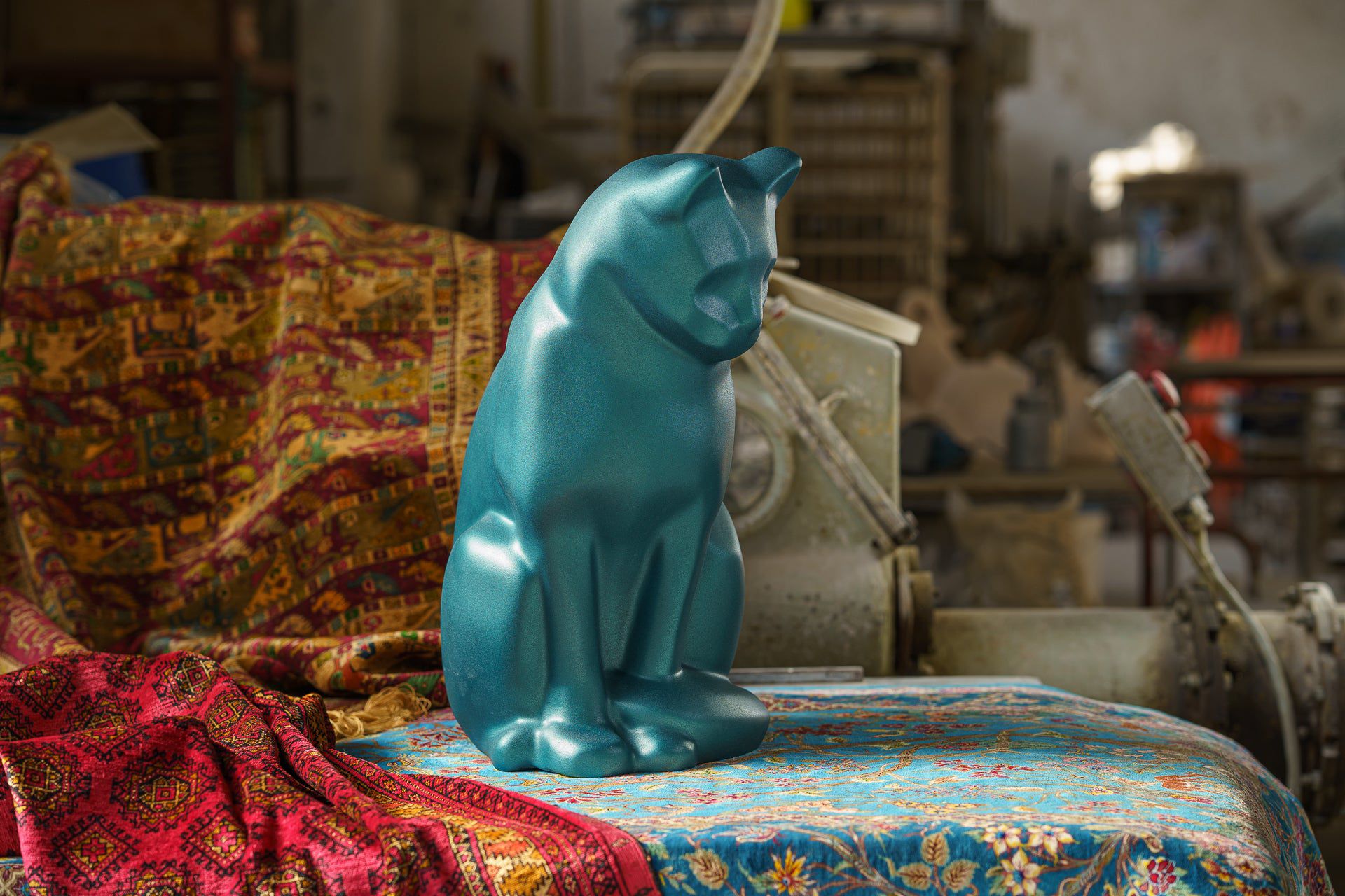 Wooden Cat Statue Urn "Neko" - Hand Sprayed | Azure Blue - Pulvis Art Urns